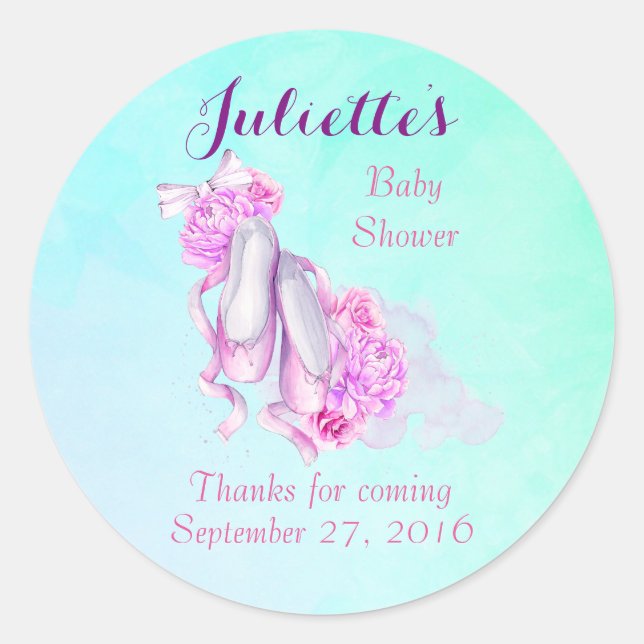 Sticker Rond Baby shower Chaussons Ballet Aquarelle Rose (Devant)