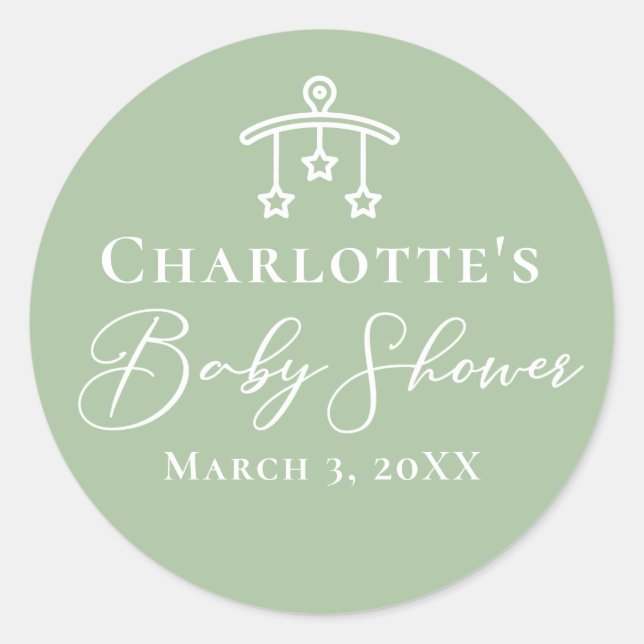 Sticker Rond Baby shower Chic Sage Vert Personnalisé (Devant)