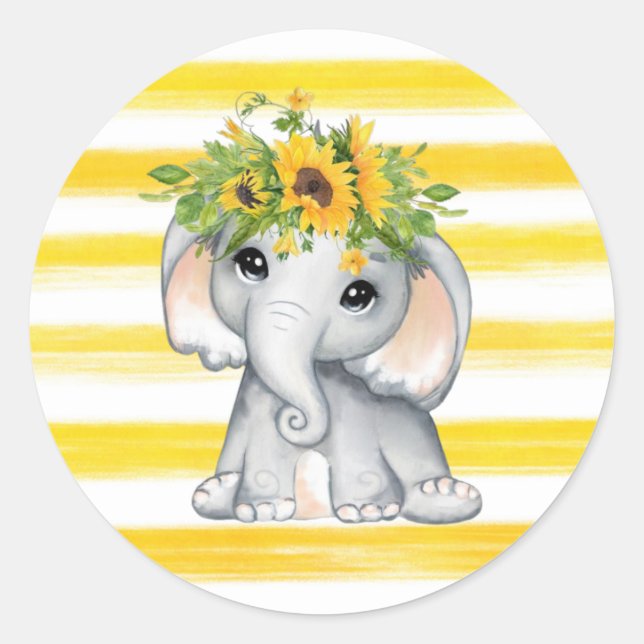 Sticker Rond Baby shower Chic SunFlower Elephant Stripes (Devant)
