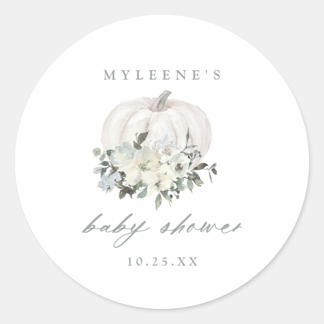 Sticker Rond Baby shower Citrouille blanc & Fleurs (Devant)