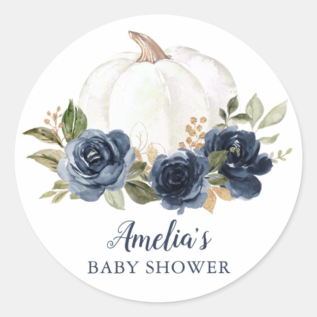 Sticker Rond Baby shower Citrouille bleu de la marine florale (Devant)