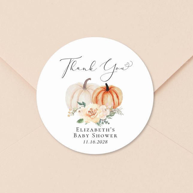 Sticker Rond Baby shower citrouille d'aquarelle Florale Merci (Créateur téléchargé)