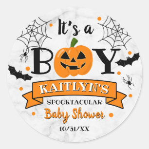 Sticker Rond baby shower Citrouille d'Halloween "C'est un garço