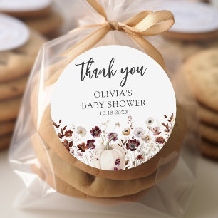 Sticker Rond Baby Shower Citrouille Fleur Sauvage
