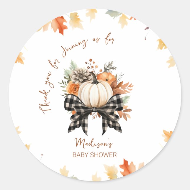 Sticker Rond Baby shower Citrouille floral avec ruban plastique (Devant)