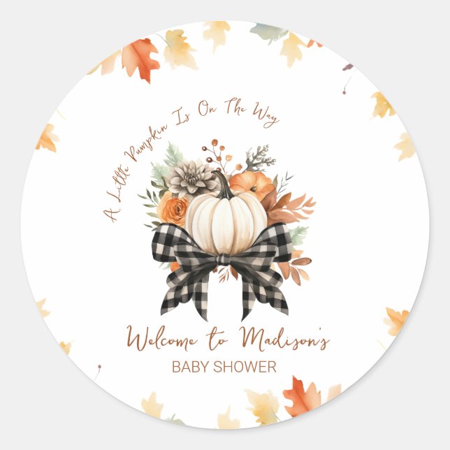 Sticker Rond Baby shower Citrouille floral avec ruban plastique (Devant)