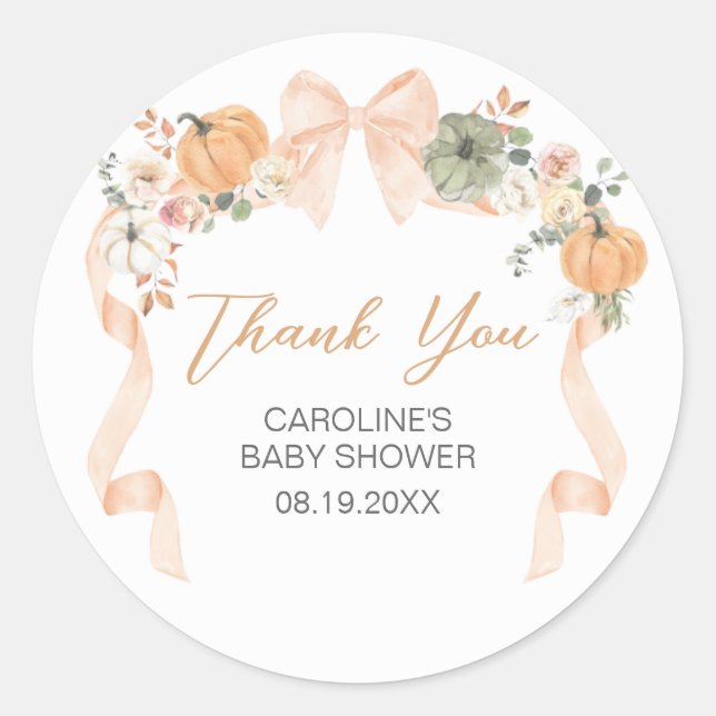 Sticker Rond Baby shower Citrouille Orange Bow (Devant)