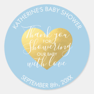 Sticker Rond Baby shower Coeur Pastel Blue White Gold Foil