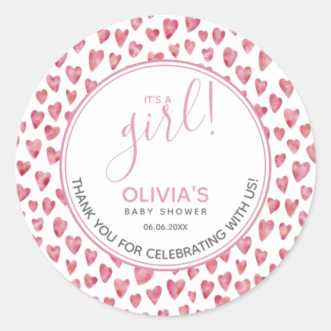 Sticker Rond Baby shower Coeur rose C'est une fille (Devant)