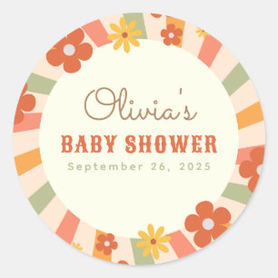 Sticker Rond Baby shower coloré Retro Super Daisy Flower