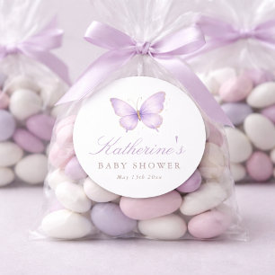 Sticker Rond Baby shower Coquette Papillon Violet Or