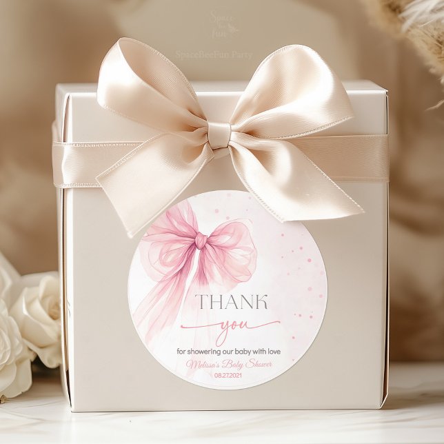 Sticker Rond Baby shower Coquette rose Bow (A delicate Bow Pink Coquette baby shower collection featuring soft pink bows, elegant details, and c)