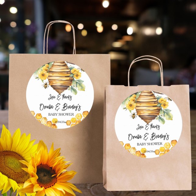Sticker Rond Baby shower d'abeilles miel merci pour le modèle (Honey bee baby shower thank you favor template stickers beehive yellow flowers favor stickers cute)