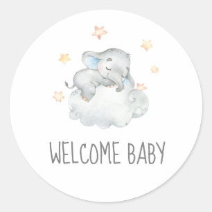 Sticker Rond Baby shower d'accueil petit éléphant couché