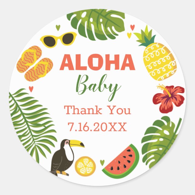 Sticker Rond Baby shower d'Aloha hawaïen tropical (Devant)