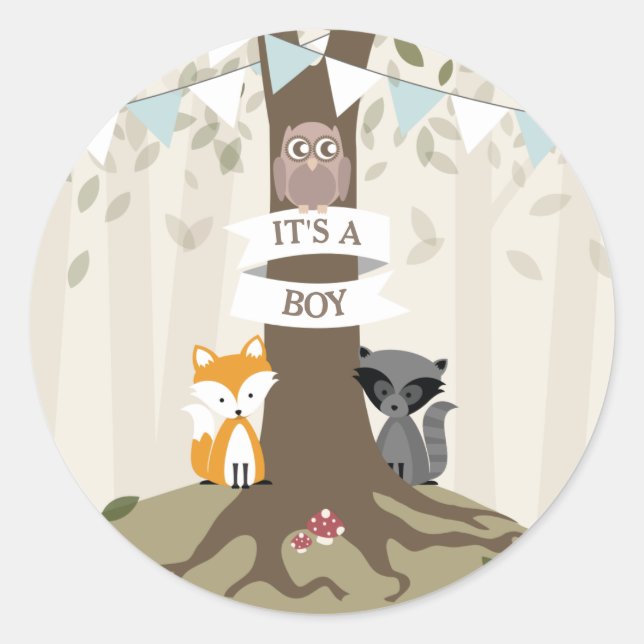 Sticker Rond Baby shower d'animaux de bois - Garçon (Devant)
