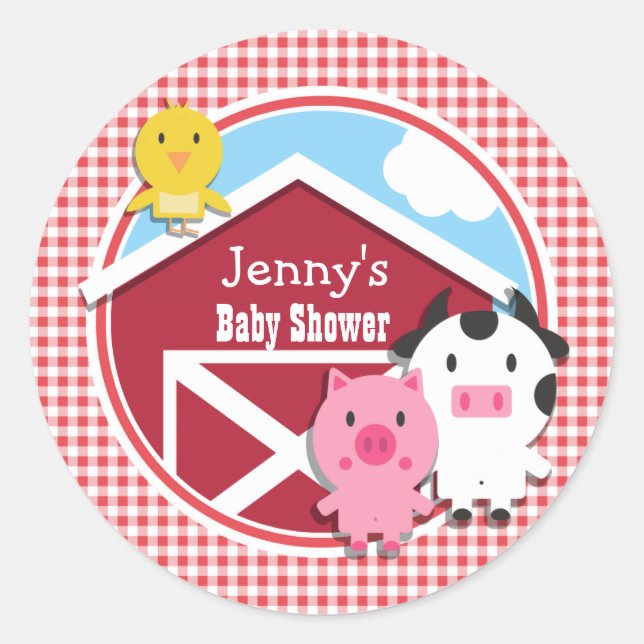 Sticker Rond Baby shower d'animaux de ferme; En vichy rouge et  (Devant)
