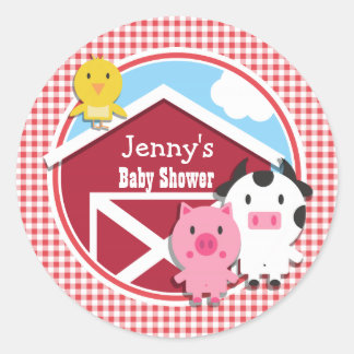 Sticker Rond Baby shower d'animaux de ferme; En vichy rouge et 