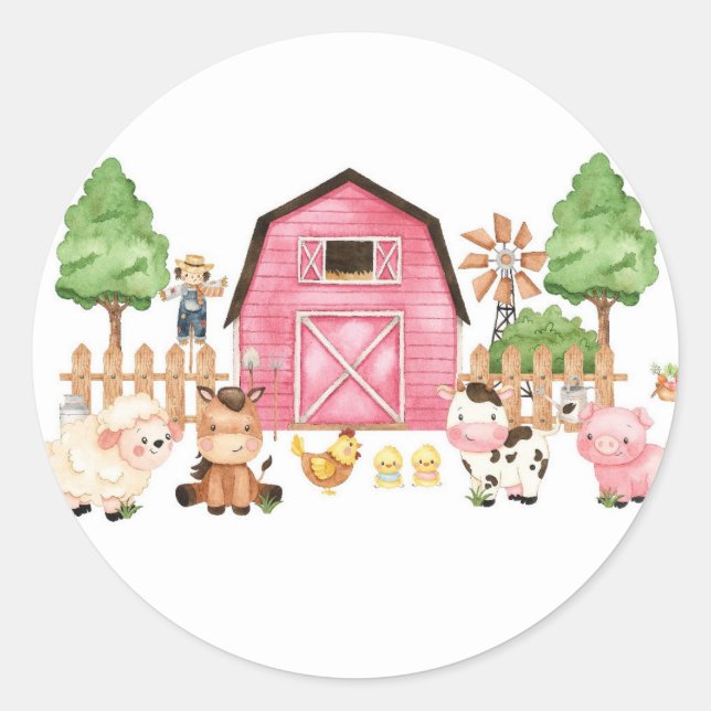 Sticker Rond Baby shower d'animaux de ferme roses (Devant)