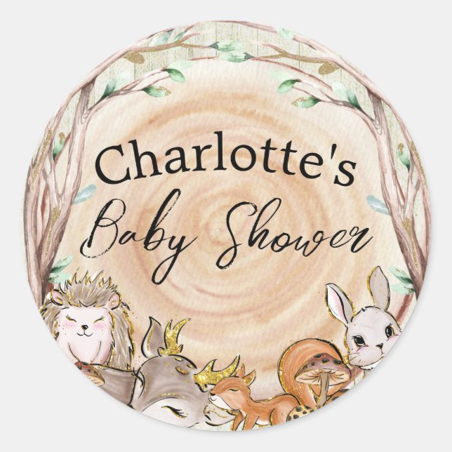 Sticker Rond Baby shower d'animaux de la forêt boisée mignonne (Devant)