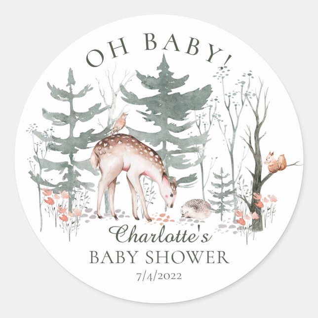Sticker Rond Baby shower d'animaux forestiers rustiques Classi (Devant)
