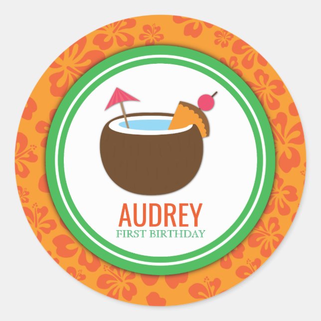 Sticker Rond Baby shower d'anniversaire Hawaiian Luau Coconut (Devant)