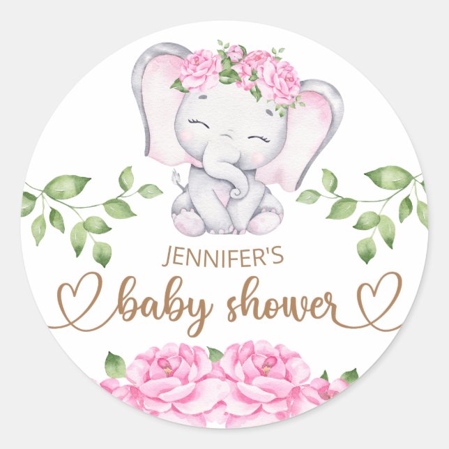 Sticker Rond Baby shower d'aquarelle à l'éléphant et aux fleurs (Devant)
