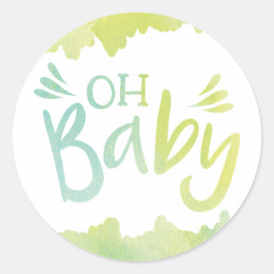 Sticker Rond baby shower d'aquarelle bleu et vert "Oh bébé"