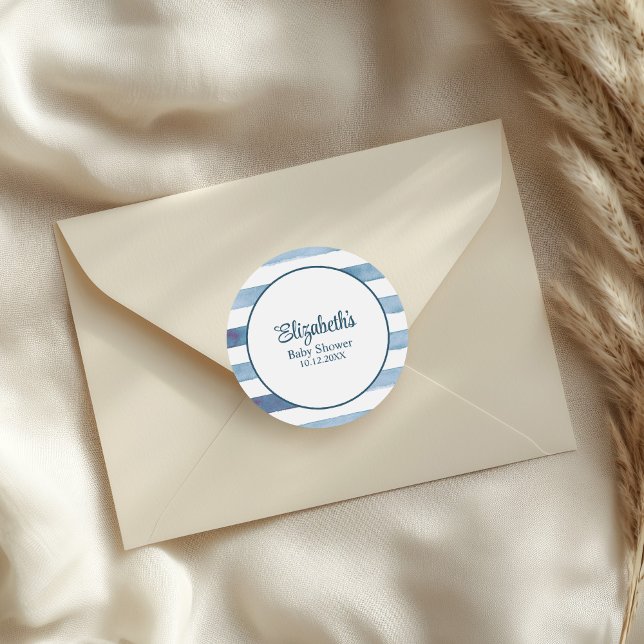 Sticker Rond Baby shower d'aquarelle bleu marine (Navy Blue Watercolor Stripes Baby Shower Classic Round Sticker on a wedding envelope.)