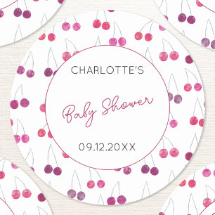 Sticker Rond Baby shower d'aquarelle cerise personnalisé
