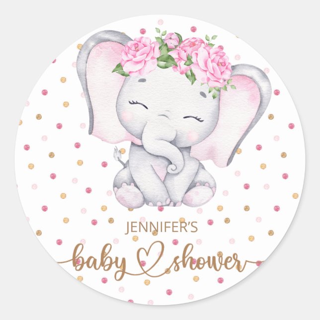 Sticker Rond Baby shower d'aquarelle de fille Eléphant (Devant)