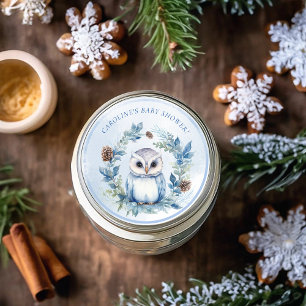 Sticker Rond Baby shower d'aquarelle de la Chouette d'hiver