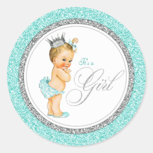 Sticker Rond Baby shower d'argent bleu turquoise