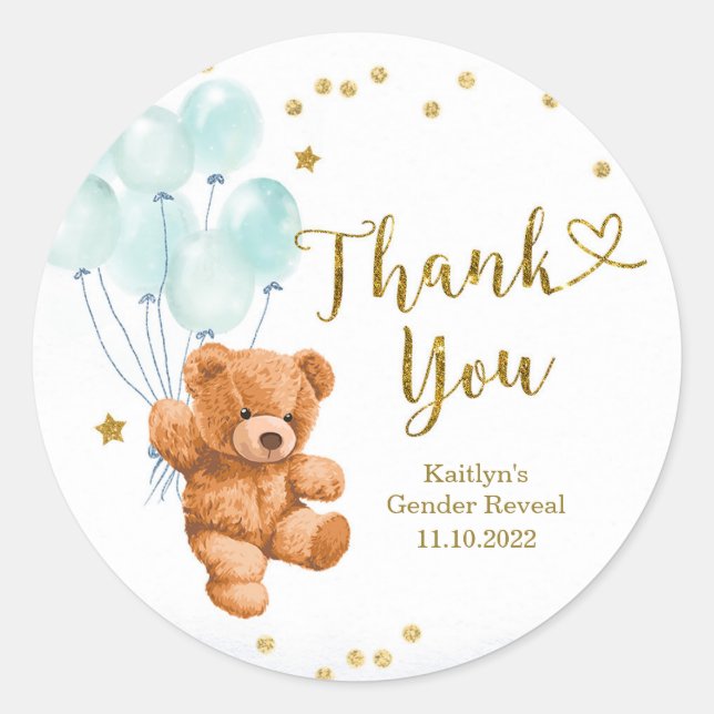 Sticker Rond Baby shower d'attente Blue Bearly Merci autocollan (Devant)
