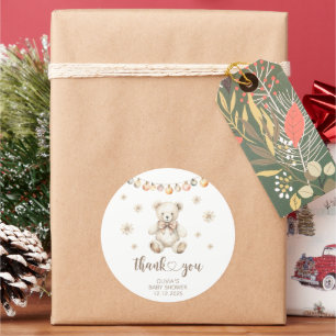 Sticker Rond Baby shower d'attente pour l'ours d'hiver Merci