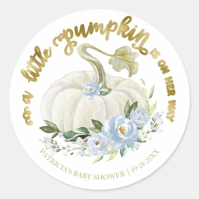 Sticker Rond Baby shower d'automne bleu Floral Little Citrouill (Devant)