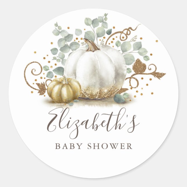 Sticker Rond Baby shower d'automne Citrouille or et blanc (Devant)