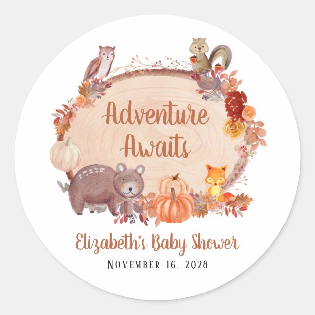 Sticker Rond Baby shower d'automne des animaux des bois (Devant)