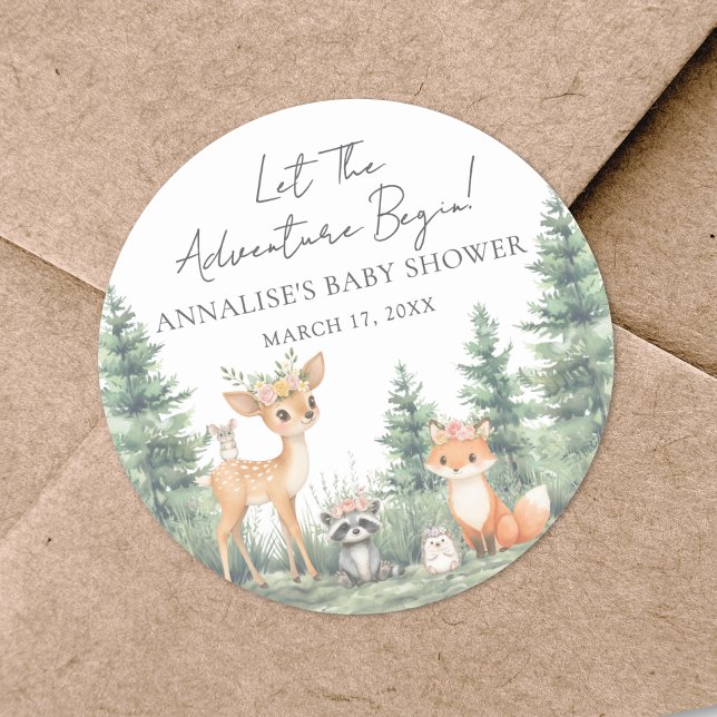 Sticker Rond Baby shower d'aventure des animaux forestiers de b (Woodland Forest Animals Adventure Baby Shower Classic Round Sticker)