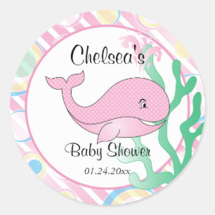 Sticker Rond Baby shower de baleines à pois rose pour la petite