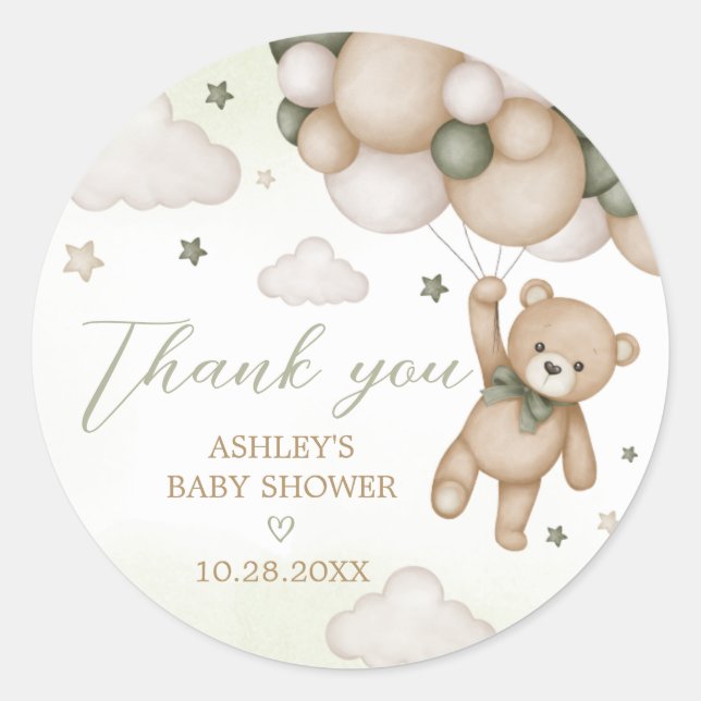 Sticker Rond Baby shower de ballon d'ours vert (Devant)