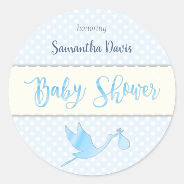 Sticker Rond Baby shower de bébé en cigogne bleue (Devant)