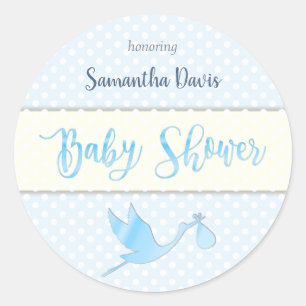 Sticker Rond Baby shower de bébé en cigogne bleue