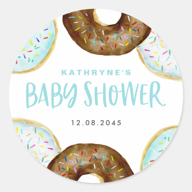Sticker Rond Baby shower de beignets bleu et chocolat (Devant)