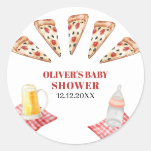 Sticker Rond Baby shower de bières de pizza moderne Rustique