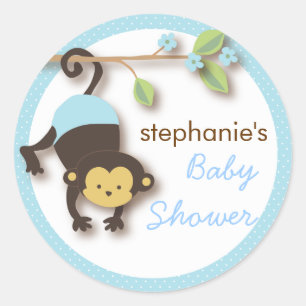 Sticker Rond Baby shower de bonhomme doux au singe en bleu