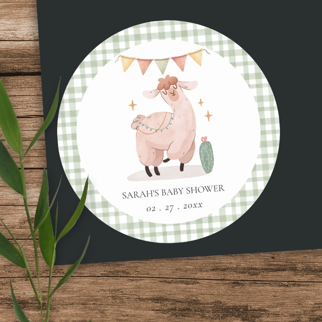 Sticker Rond Baby shower de Cactus Boho Llama Vert Cute (Créateur téléchargé)