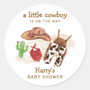 Sticker Rond Baby shower de Cactus Cowboy du désert occidental 