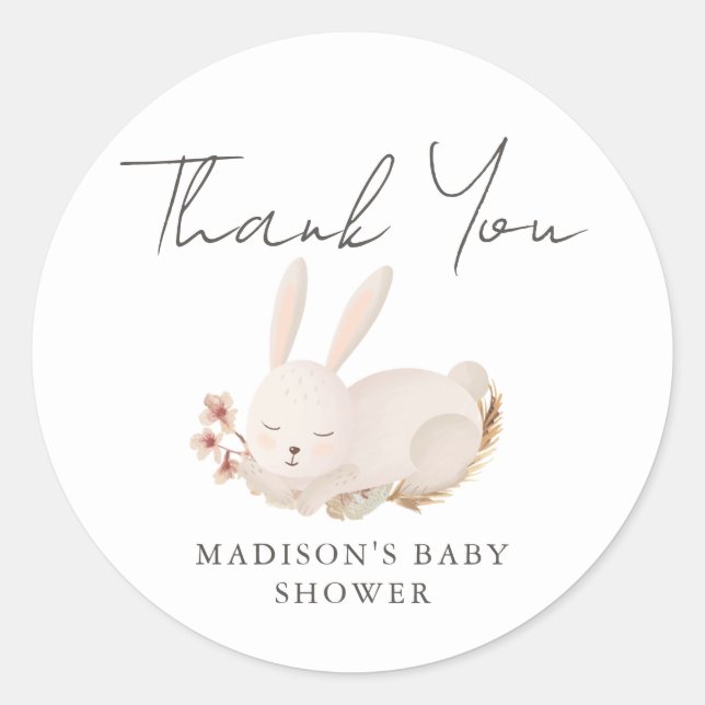 Sticker Rond Baby shower de calligraphie de lapin doux Merci (Devant)