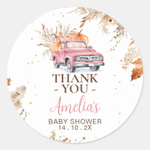 Sticker Rond Baby shower de camion Fleur sauvage rose Citrouill